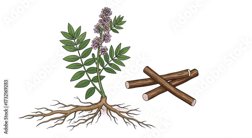 Illustration of an herbaceous plant with roots and harvested sticks.