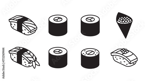 Sushi Rolls in Minimalist Black and White Illustration Style with Simple Shapes and Lines for Food Blog