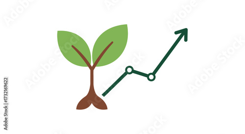 Symbolic depiction of growth with plant representing development alongside a rising trend line