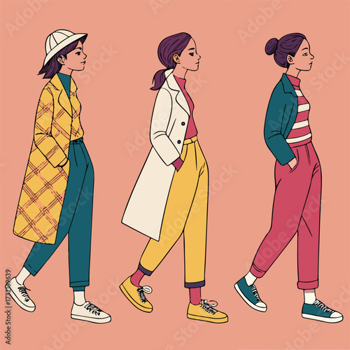 Creative hand-drawn female characters in trendy outfits representing modern fashion design and social gatherings