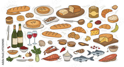 A collection of delicious food items including bread cheese wine and fish.