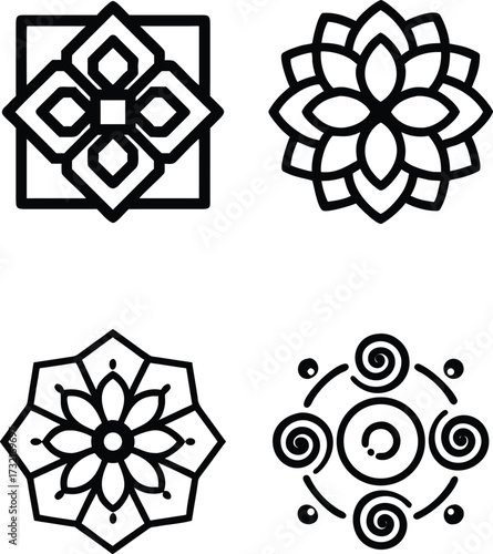 Four distinct geometric and floral ornamental icons line art simple and elegant decorative motifs