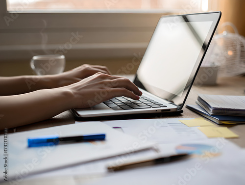 Student Researching Online with Laptop and Textbooks