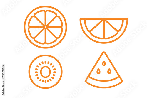 Minimalist outline fruit icons set featuring citrus, kiwi, and watermelon slices for healthy eating and fresh food concepts