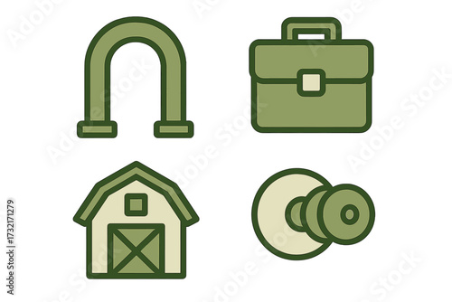 Diverse collection of common everyday object icons featuring a magnet, briefcase, barn, and doorknob in a consistent green color palette