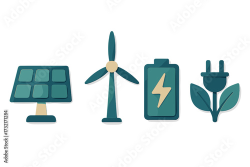 Sustainable energy sources and consumption icons featuring solar panel, wind turbine, battery, and eco plug symbols
