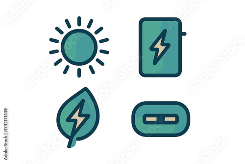 Sustainable energy and technology concepts featuring solar power, battery charging, green electricity, and modern device connectivity