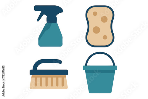 Essential household cleaning supplies set including spray bottle, sponge, scrub brush, and bucket for domestic chores