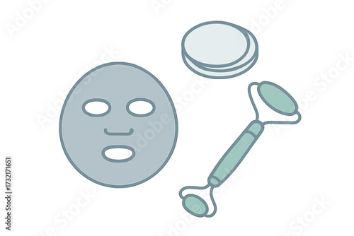 Facial sheet mask, jade roller, and cotton pads for beauty routine, self-care, and skincare treatment