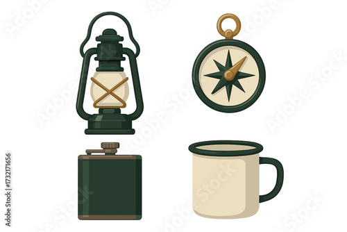 Essential outdoor adventure equipment including classic lantern compass hip flask and enamel mug for camping and exploration
