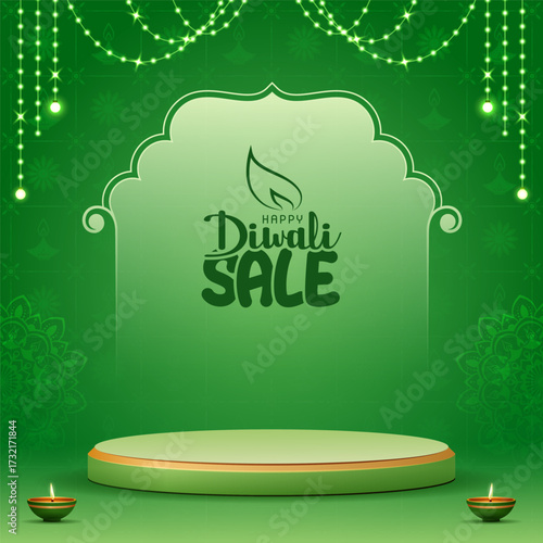 happy diwali 3d podium illustration with diwali green background and glowing lights decoration