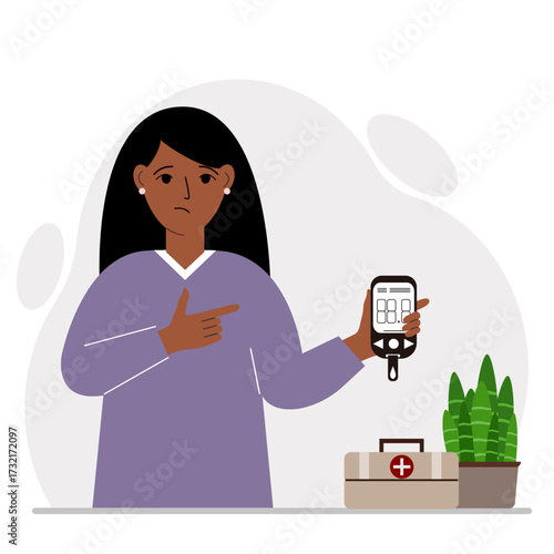Sad woman holds a glucometer in his hand. The concept of blood sugar control, diabetic. Vector flat illustration