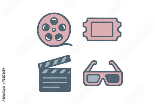 Collection of cinema and movie entertainment symbols including film reel, ticket, clapperboard, and 3D glasses