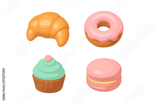 Assortment of delicious sweet colorful pastries featuring a golden croissant, pink frosted donut, mint cupcake, and pink macaron