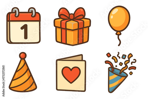 Celebration icon collection. Party supplies vector set. Birthday cartoon graphics. Holiday elements. Calendar, gift box, balloon, hat, greeting card, popper with confetti.