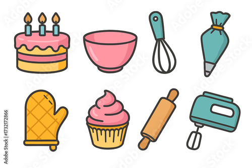 Colorful baking icons set. Vector collection of kitchen tools for cooking pastry. Includes cake, cupcake, mixer, whisk, rolling pin, bowl. Flat cartoon illustration elements.