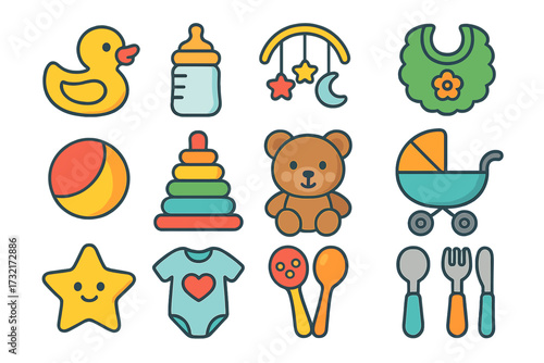 Baby icon set vector. Flat cartoon illustration of newborn essentials and toys. Childcare collection for nursery, feeding and playing. Cute colorful simple graphic elements.