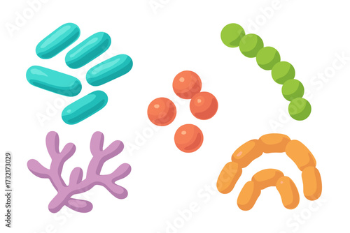 Probiotics bacteria 3D render set. Gut microbiota collection with prebiotic bacillus, lactobacillus, streptococcus, bifidobacteria. Microorganism vector icon for gut health.