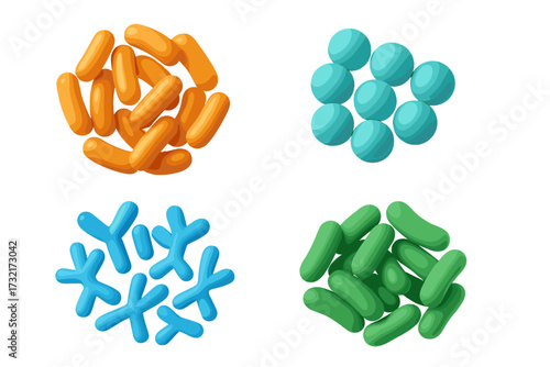 Probiotic bacteria 3D illustration set. Healthy gut microbiota and microbiome concept. Lactobacillus, bifidobacterium, bacillus, and streptococcus microorganisms collection.