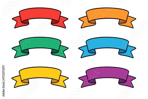 Set of colorful ribbon banners. Vector cartoon illustration of decorative scrolls. Empty labels for titles and text. Blank tag templates. Modern flat design elements for promotion.