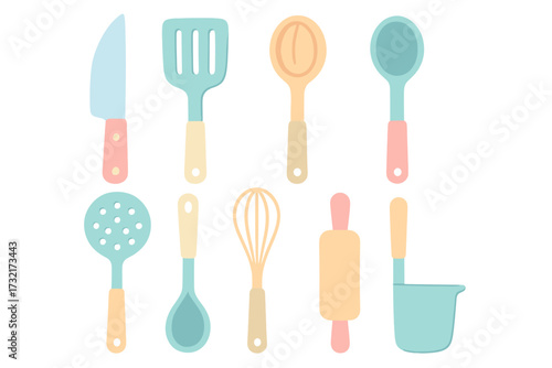 Flat kitchen utensils set. Cooking tools collection in pastel colors. Vector cartoon illustration for culinary designs. Includes knife, spatula, spoon, whisk, and ladle.
