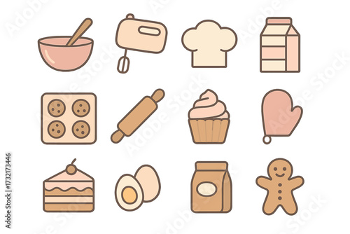 Baking icons set. Flat pastel culinary design elements. Kitchen tools for cooking pastry and dessert. Vector cartoon illustration of sweet food, cake, cookie, cupcake, milk, egg.