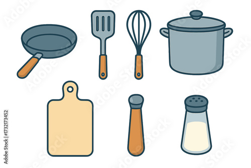 Flat style kitchen utensils set. Vector cartoon illustration of cooking tools. Cookware elements pan, spatula, whisk, pot, cutting board, salt and pepper shaker isolated.