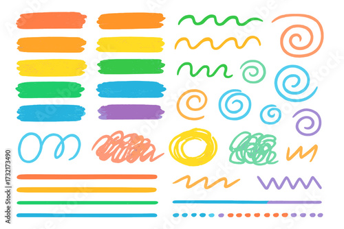 Colorful hand drawn brush marks collection. Set of various pencil squiggles, crayon scribbles, and doodle lines. Multi colored rough highlighter strokes, chalk textures, and spirals.
