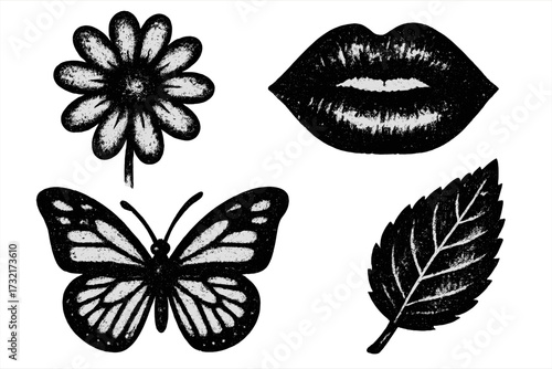 Grungy y2k icons with negative photocopy effect. Flower, lips, butterfly, leaf set. Rough brutalist elements for 90s vintage design. Grain texture and stippling.