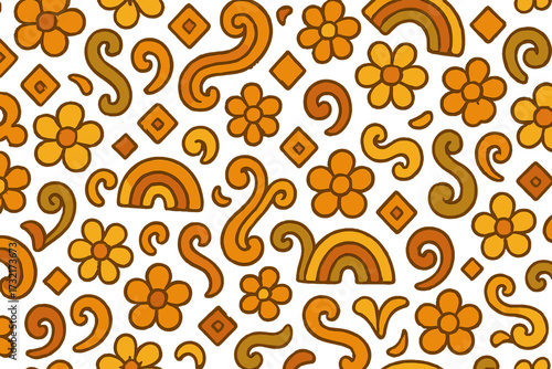 Groovy seamless pattern with 70s psychedelic vibes. Retro background with vintage flowers, rainbows, and swirls. Hippie flower power aesthetic for wallpaper or textile. Vector.