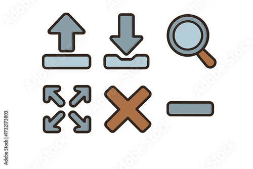 Essential interface icons set for UI UX design. Vector cartoon symbols for upload, download, search, expand, close, minimize. Flat graphic web buttons for app development.
