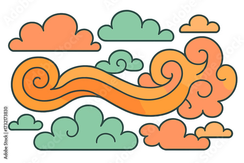 Groovy abstract cloud and wave shapes. Funky retro 70s 90s vector graphic elements set. Vintage Japanese style illustration for landscape design template or background.