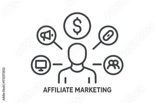 Affiliate marketing line icon. Influencer marketing and referral program concept. Digital strategy for passive income and commission. Business promotion and advertising network.