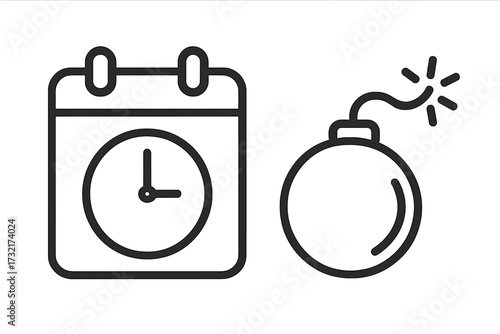Deadline concept icon. Time bomb with calendar and clock symbol. Metaphor for project management, urgency, due date, countdown, pressure, and risk. Time limit stress vector.