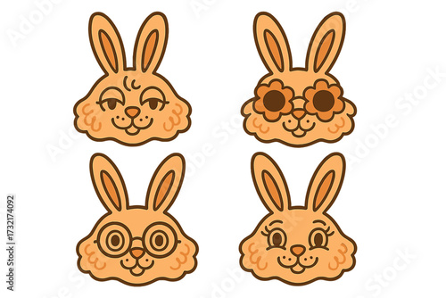 Groovy hippie Happy Easter characters set. Easter bunnies muzzles in trendy retro 60s 70s style. Rabbits heads collection. Contour vector illustration with cute eyes.