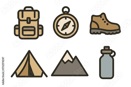 Camping icon set for hiking adventure and outdoor travel. Line art vector collection with backpack, compass, boot, tent, mountain, water bottle. Minimalist flat design.