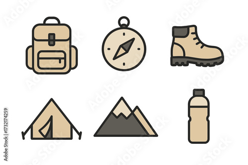Camping and hiking icon set. Minimalist vector illustration of outdoor adventure gear. Includes backpack, compass, boot, tent, mountain, and water bottle for travel concepts.