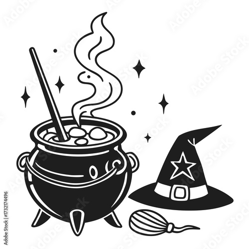 Witchs cauldron, hat, and broom with magical steam