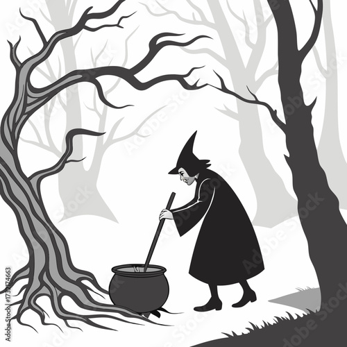 A witch stirring a cauldron in a spooky forest