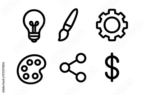 Creative business process icon set. From idea to monetization. Concept of innovation, art, development, sharing, and profit. Minimalist light bulb, brush, gear, palette, money icons.