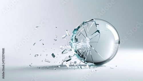 A delicate glass ball breaking apart, fragments spreading across a clean backdrop