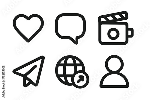 Minimalist social media icon set with black symbols including heart, chat, video camera, paper plane, globe, and user, vector cartoon illustration, transparent background, orderly design