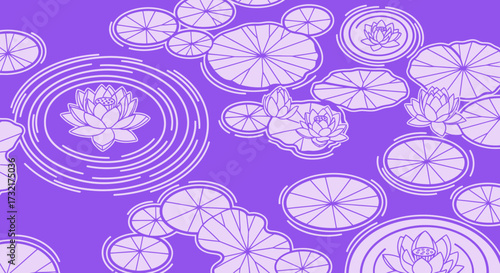 Lilac pond pattern with lotus blossoms, pads, and ripple rings