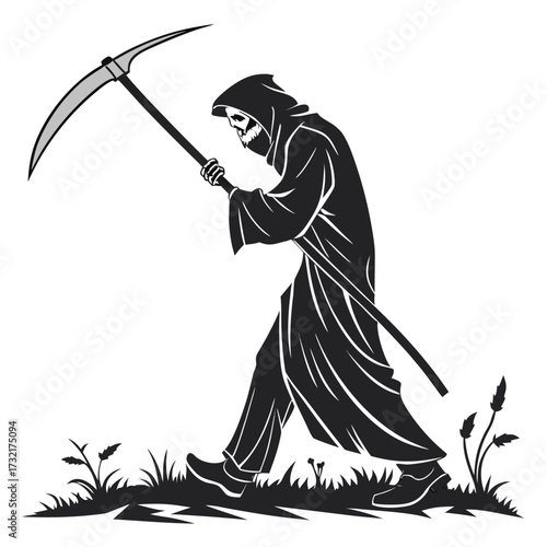 Grim reaper walking with scythe