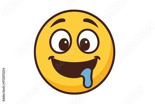 Hungry emoticon character salivating. Vector emoji drooling with desire. Delicious food concept. Yummy tasty smiley face. Cartoon mascot icon with a big appetite. Craving.