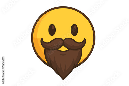Hipster emoticon with beard and mustache. Cool emoji smiley face icon. Vector illustration for barber shop logo. Male character head avatar. Funny retro cartoon design element.