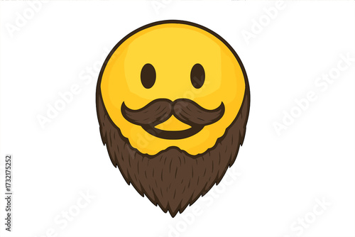 Bearded emoticon with a cool hipster beard and mustache. Happy yellow emoji smiley face icon. Vector character illustration. Masculine, retro, vintage, lumberjack style concept.