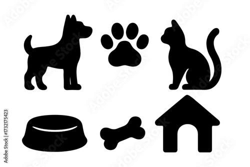 Pet care icons silhouettes. Dog, cat, paw print, food bowl, bone, pet house. Bold black vector cartoon illustration. Pet supplies, animal care, home pets set.