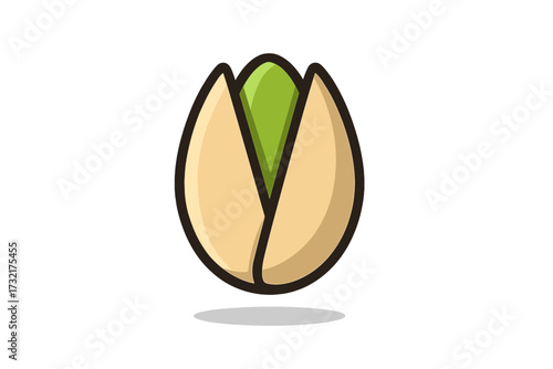 Pistachio nut icon with shell and kernel, flat vector cartoon illustration with shadow, healthy snack food symbol, natural organic nut, isolated transparent background
