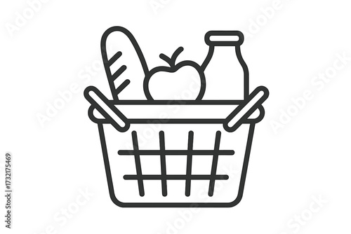 Grocery basket with bread, apple, milk. Vector thin line icon for food shopping and market. Supermarket purchase symbol. Healthy eating groceries pictogram. Daily products.